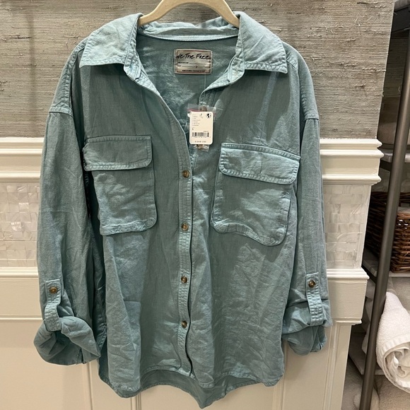 NWT new we the free people made for sun linen shirt button down small light blue - Picture 3 of 17